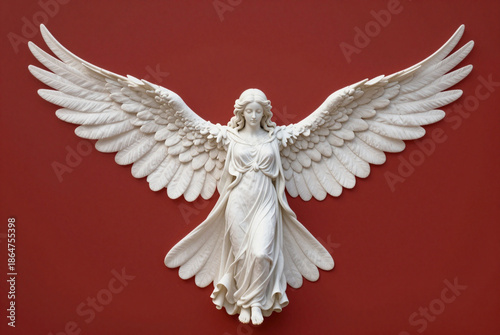 White marble sculpture of an angel on a red background.