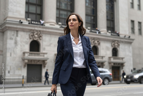 Woman in suit walks past grand, classical building.