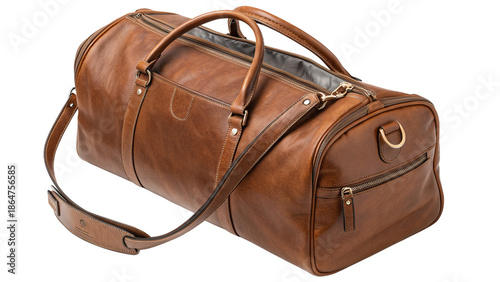 Elegant vintage style brown leather weekender duffel bag perfect for travel adventures on transparent background