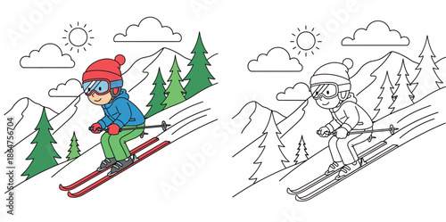 Cute cartoon child skiing downhill on snowy mountain slope vector illustration with black and white outline for coloring book page