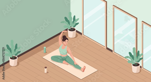 Woman practicing yoga in a bright studio with plants and mirrors