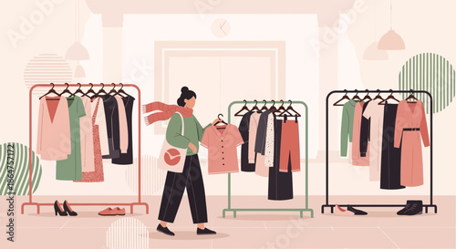 Woman Shopping for Clothes in a Boutique, Fashion Boutique Interior, Clothing Racks