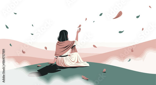 Woman sitting on hill, reaching for falling petals, soft pastel landscape, serene mood