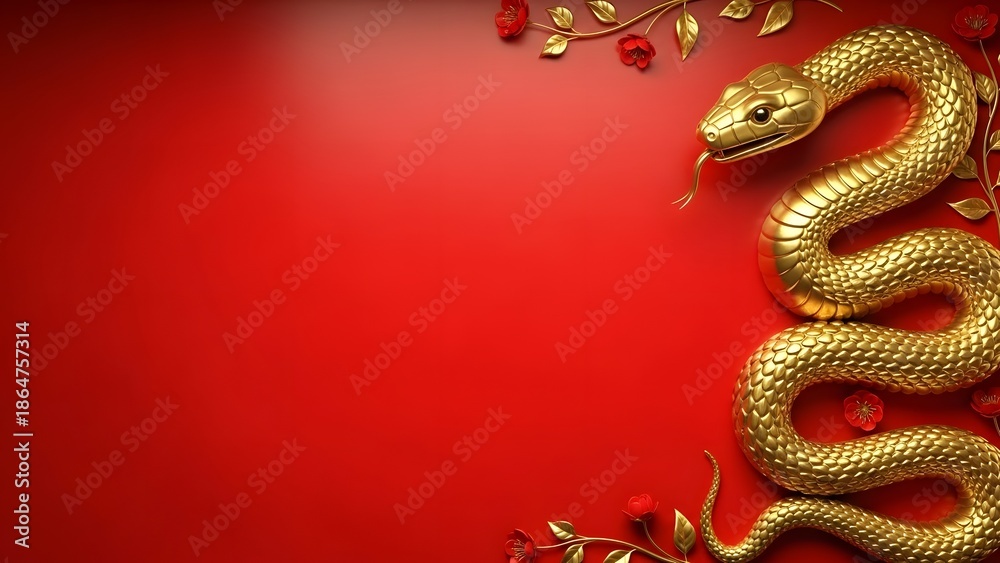 Naklejka premium Golden snake on red background with floral design for chinese new year decoration and celebration