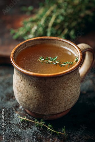 Clear Beef Bone Broth in a Rustic Stone Mug Garnished with Thyme on a Dark Metallic Surface