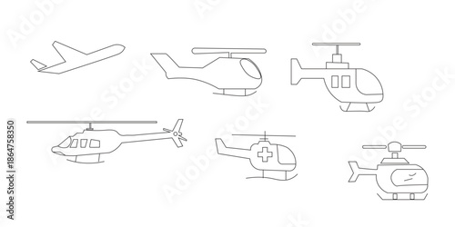 A collection of six helicopter and airplane sketches