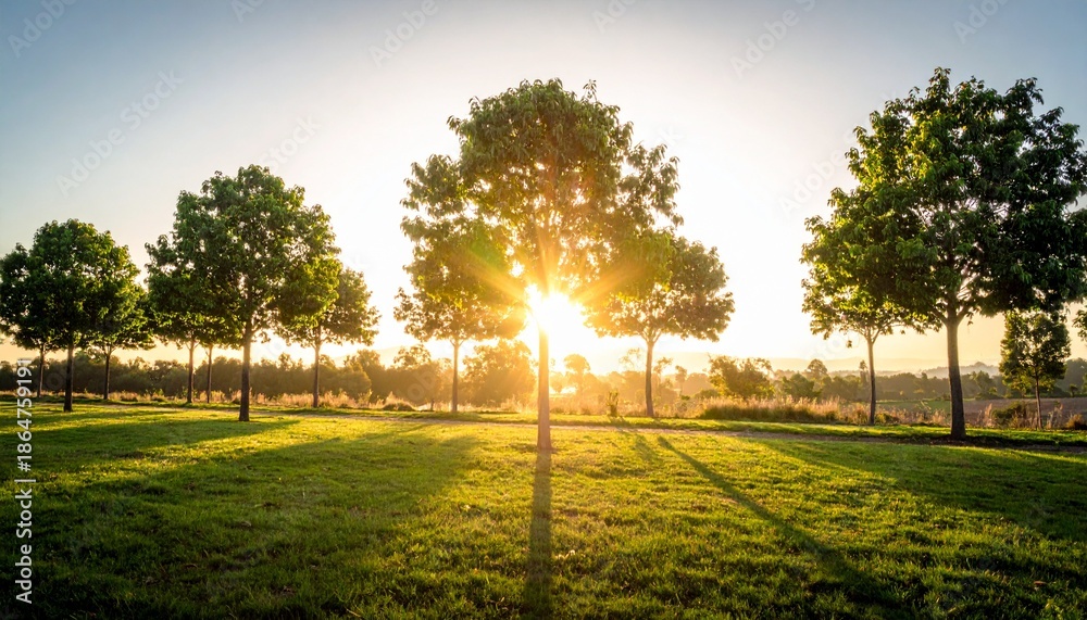 Obraz premium Sunrise over a serene landscape with trees in a lush green field
