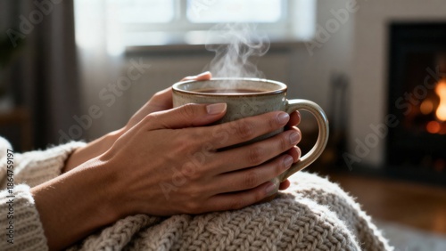 Cozy hands wrapped around a steaming mug of hot beverage, sitting on a soft knitted blanket, with a warm fireplace glowing in the background, creating a serene and inviting atmosphere for relaxation