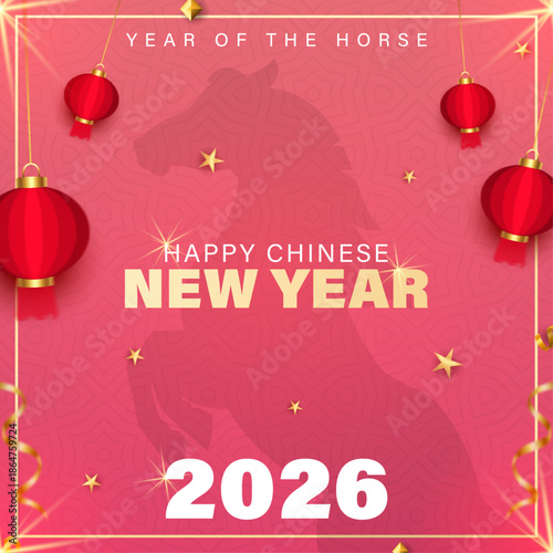 Year of the Horse 2026 Lunar New Year Poster with Red Lanterns, Chinese New Year 2026 Vertical Greeting Card with Copy Space, Square 2026 Year of the Horse Social Media Post with Gold Accents