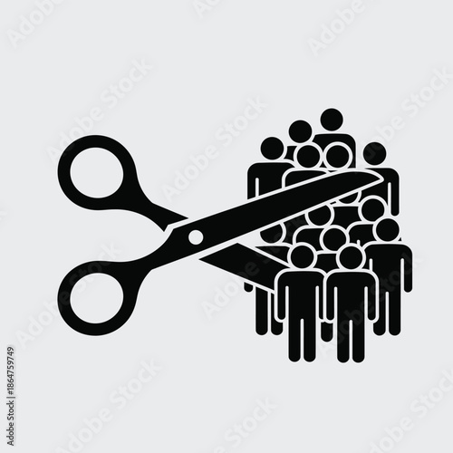 Scissors cutting through a group of people symbolizing layoffs or downsizing.