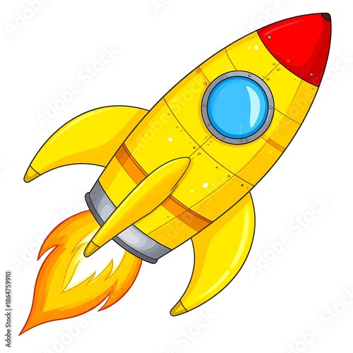 Bright yellow cartoon rocket with red nose, blue porthole, and fiery exhaust
