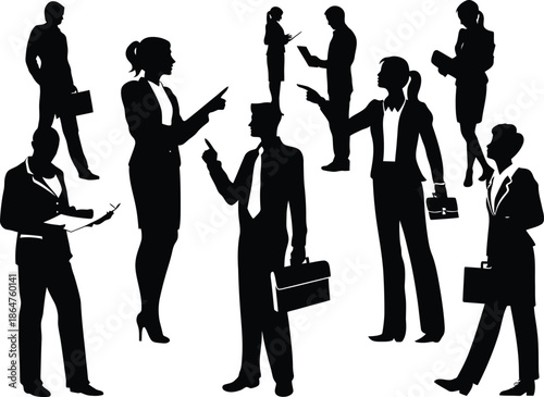 Vector illustration of a business people group and family silhouettes featuring a businessman, woman, and child walking in an office