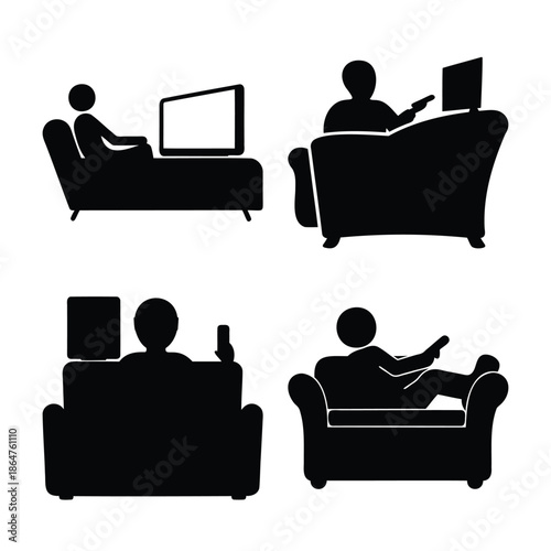 Relaxing on sofas watching tv, leisure home activities silhouette Vector
