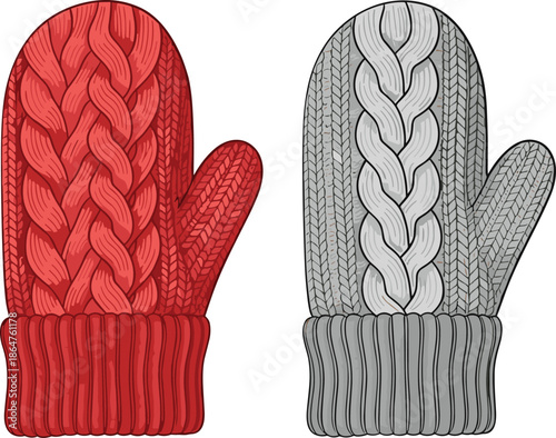 Knitted mittens with braided pattern, red and gray color, winter accessory design, textile craft detail, flat vector illustration