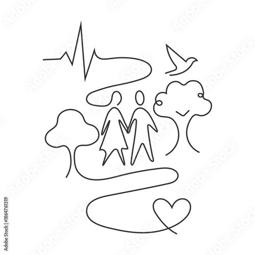 Minimal Continuous Line Family Love Concept | Heartbeat, Nature & Relationship Outline Illustration
