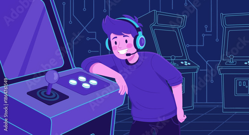 Young Gamer with Headset Leaning on Retro Arcade Machine in Neon-Lit Arcade