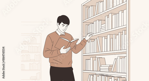Young man reading a book in a library with bookshelves