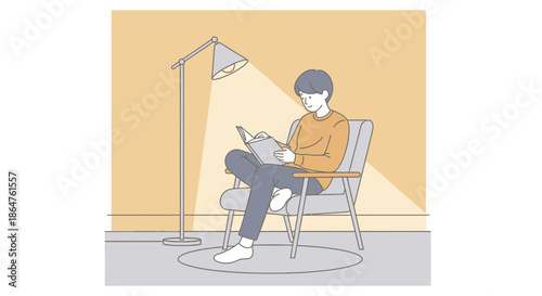 Young man reading book in armchair under floor lamp light, cozy home scene