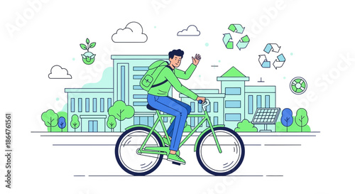 Young man cycling on a bicycle in a green city with solar panels and recycling symbols
