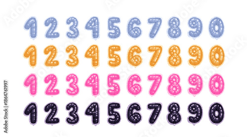Flying in air silver, golden, pink and black color helium balloons numbers isolated icons set. Vector inflatable digits party decoration, year birthday anniversary symbols. Flat cartoon collection
