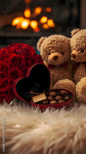 Beautiful valentine composition featuring teddy bear couple with red roses and heart shaped chocolate box on fur showing love with romantic background and copy space