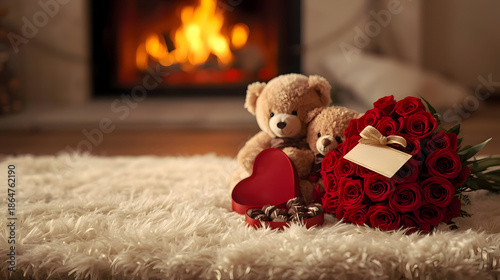 Romantic composition with cute couple teddy bear red roses heart shaped chocolate and copy space on warm background for happy valentine day celebration