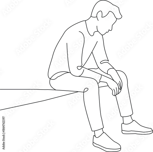 A simple line drawing of a man sitting with his head down