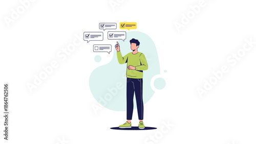 Young man managing multiple tasks with checklists and digital tools illustrating productivity and