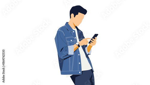 Young man in casual denim jacket using smartphone for communication and social media activities