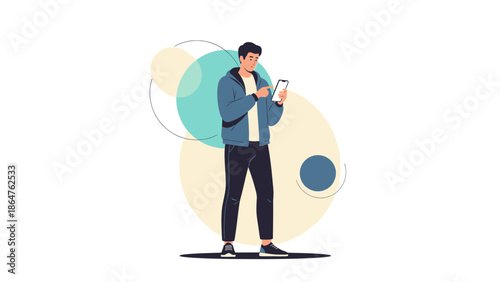 Young man in casual clothing using smartphone with abstract background colorful design