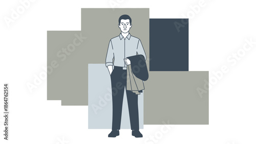 Young man in formal attire standing confidently holding a coat against abstract geometric background