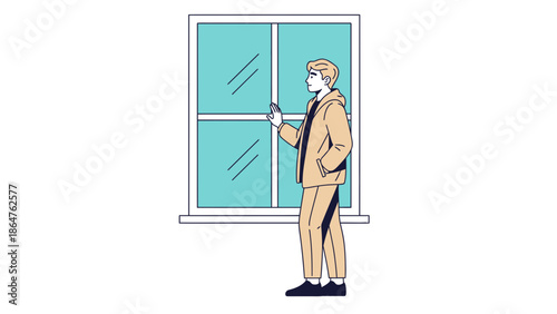 Young man looking out of a large window in a modern housing unit contemplating the view