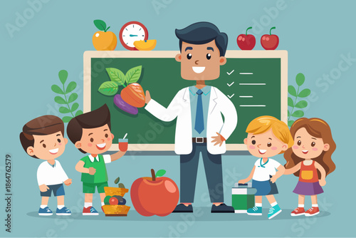 Cartoon illustration of a teacher explaining healthy nutrition and fruits to happy children in a classroom with a chalkboard and food items