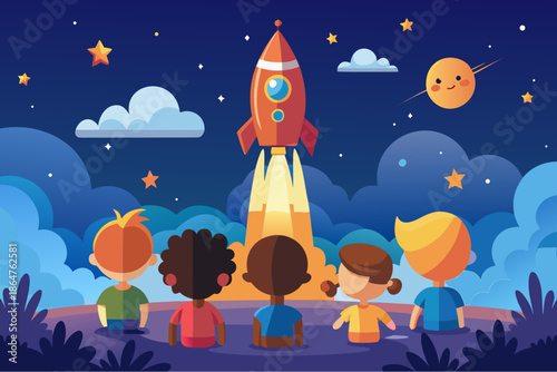 Group of diverse children watching a cartoon rocket launch into the starry night sky with smiling planets and clouds