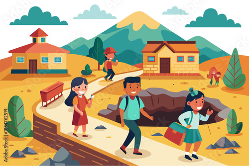Cartoon illustration of school children exploring a rural village with mountains, houses, a crater and a school building in the background