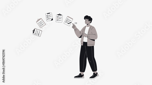 Young man managing and organizing digital and physical documents on mobile device and tablet
