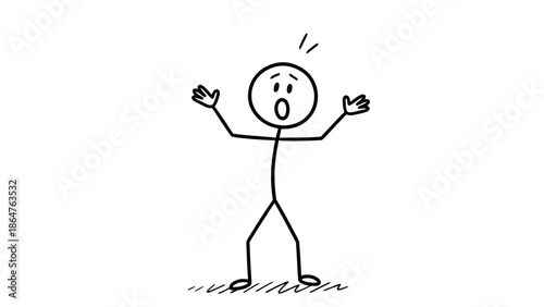 Shocked Stick Figure Man with Open Mouth and Raised Hands, Expressing Astonishment or Fear on Isolated White Background.
