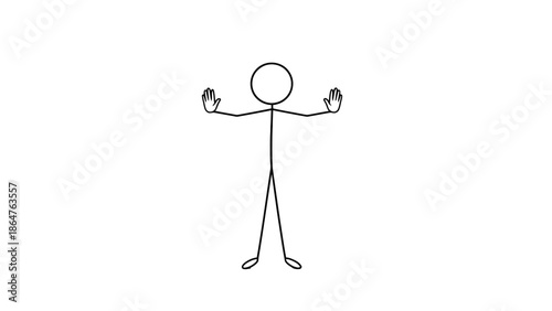 Stick Figure Man Standing with Arms Outstretched and Palms Forward, Signaling Stop or Refusal on Isolated White Background.
