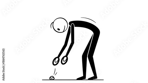 Stick Figure Man Bending Down to Pick Up Dropped Coins, Carefully Collecting on Isolated White Background.