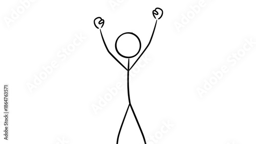 Victorious Stick Figure Man Celebrating with Arms Raised High, Expressing Excitement and Triumph on Isolated White Background.