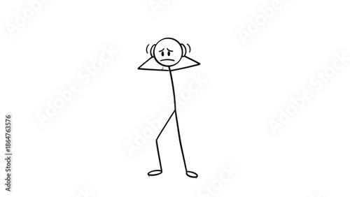 Stressed Stick Figure Man Holding Head with Hands, Conveying Worry and Frustration on Isolated White Background.