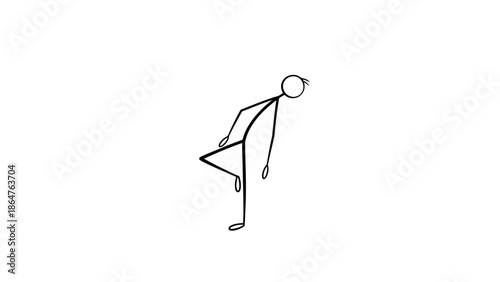 Stick Figure Bending Down with One Leg Raised as if Picking Up Something or Stretching on an Isolated White Background