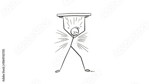 Struggling Stick Figure Holding a Heavy Object Overhead with Visible Strain on an Isolated White Background