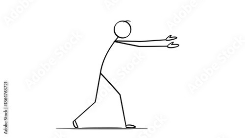Stick Figure Leaning Forward Reaching Out with Both Arms Extended on an Isolated White Background