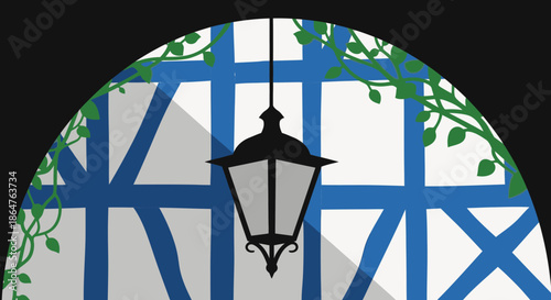 A graphic illustration of an arched window with blue and white patterns, green vines, and a hanging lantern, evoking quaint European charm.
