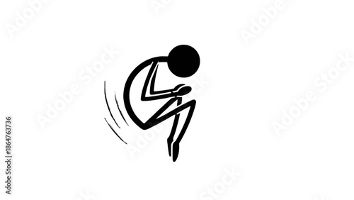 Distressed Stick Figure Crouching Down in a Huddled Position with Swirling Lines Indicating Stress on an Isolated White Background