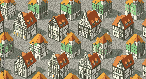 An intricate, hand-drawn isometric pattern showcases charming traditional European half-timbered houses with colorful gabled roofs, creating a whimsical village scene.