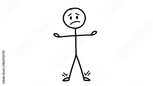 Sad Stick Figure Standing with Arms Wide Open in a Depressed Mood on an Isolated White Background