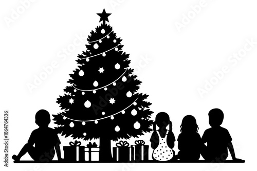 Children waiting for christmas morning by the decorated tree with presents Vector