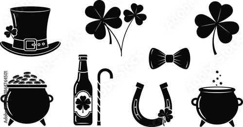 St patrick's day silhouette icons with shamrocks and symbols